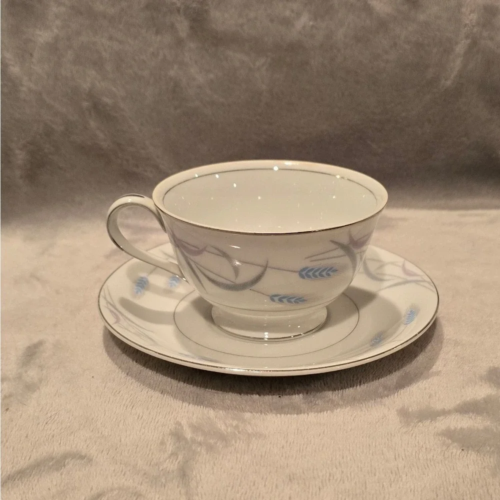 Vintage Valmont China Royal Wheat Tea Cup and Saucer Set Japan Blue Lavender